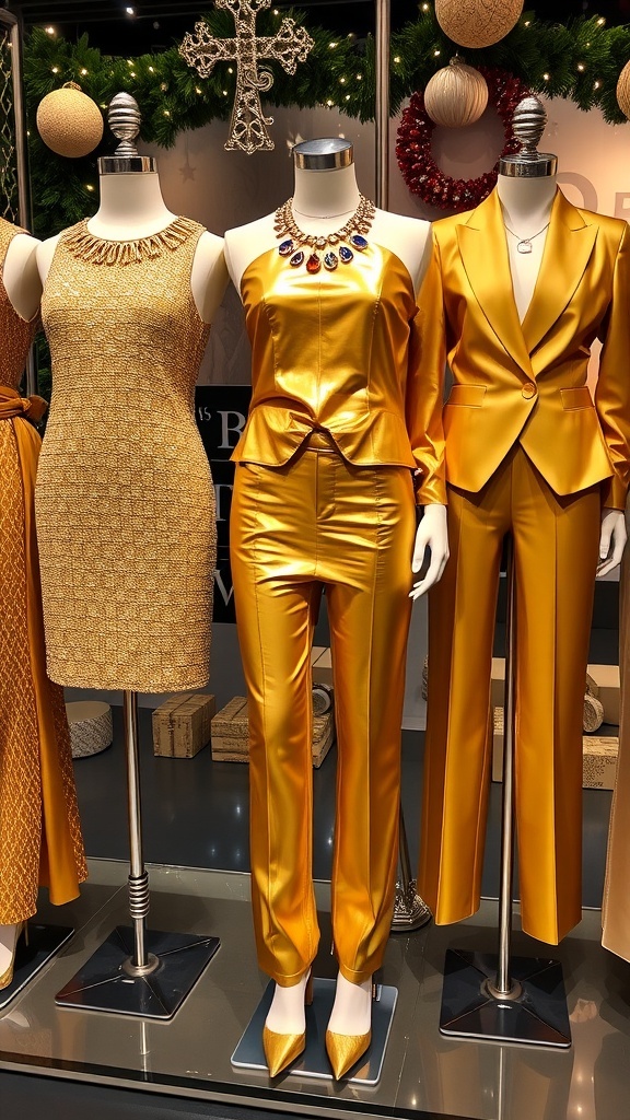 Stylish gold outfits for Christmas parties displayed on mannequins with festive decorations.